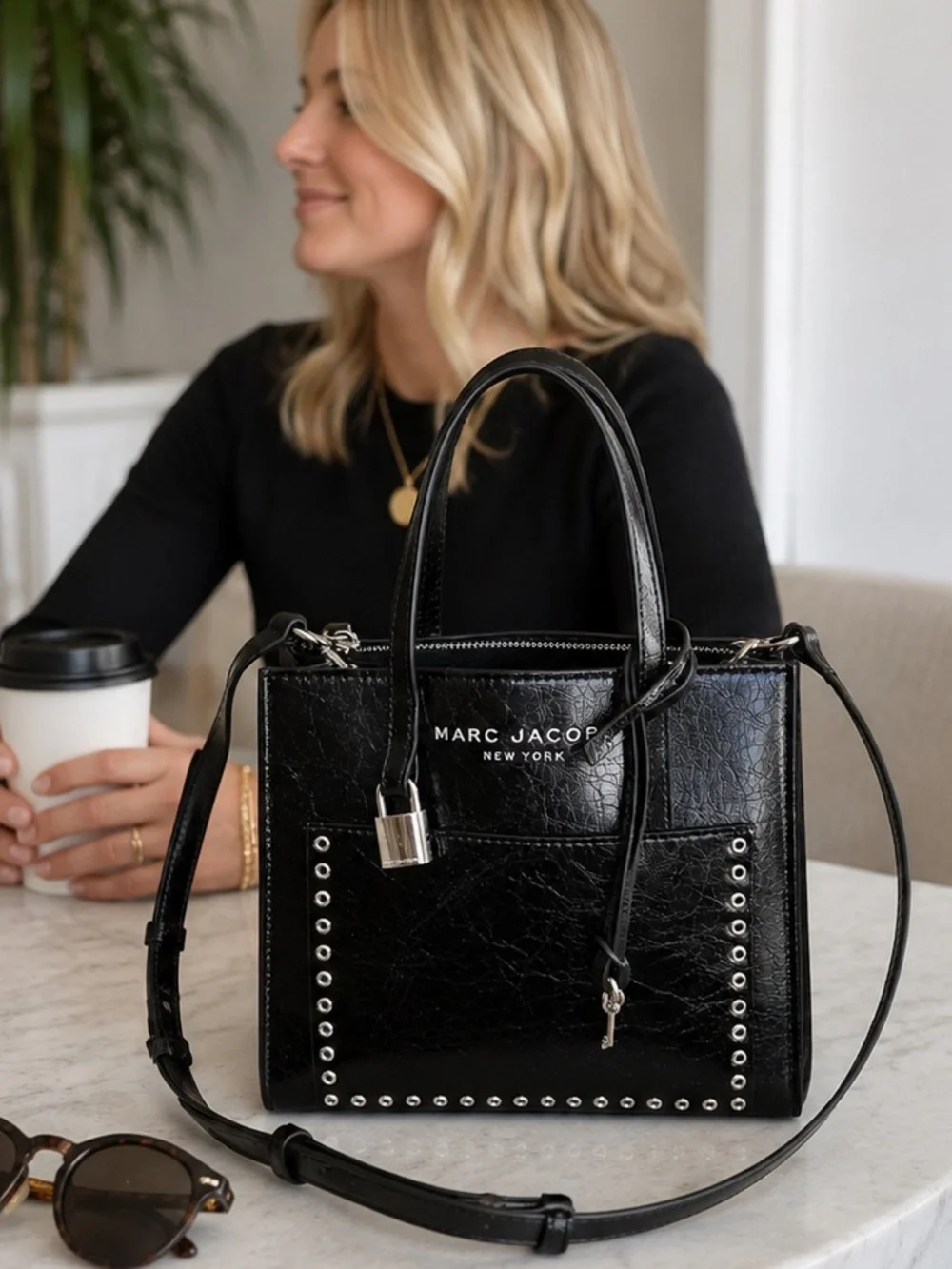 Marc Jacobs Shiny Crinkle Leather Mini Tote Crossbody Padlock Black NWOT